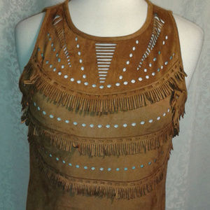 Rust Faux Suede Fringe Cut Out Top